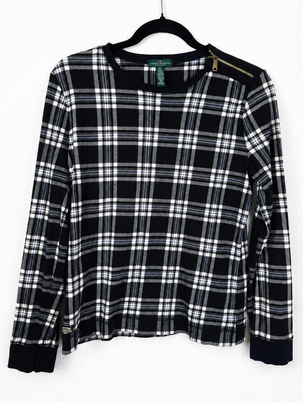 Lauren Jeans Co Ralph Lauren Plaid Top Elbow Patch Shoulder Zip XL Preppy